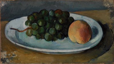 Rypäleet ja persikka lautasella tekijältä Paul Cézanne