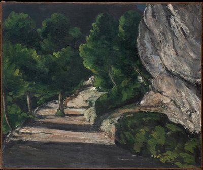 Maisema. Puiden reunustama tie Kalliovuorilla tekijältä Paul Cézanne