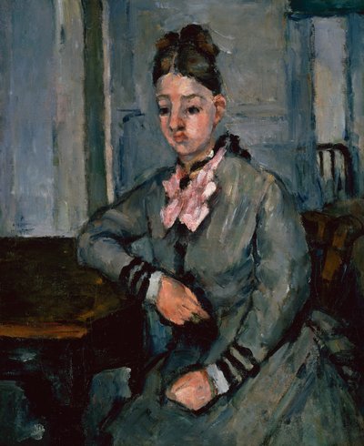 Madame Cezanne nojaa pöydälle, n. 1873 (öljy kankaalle) tekijältä Paul Cézanne