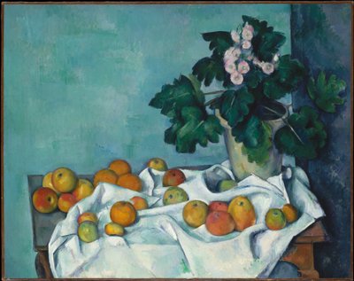 Asetelma, jossa on omenoita ja ruukullinen esikoita tekijältä Paul Cézanne