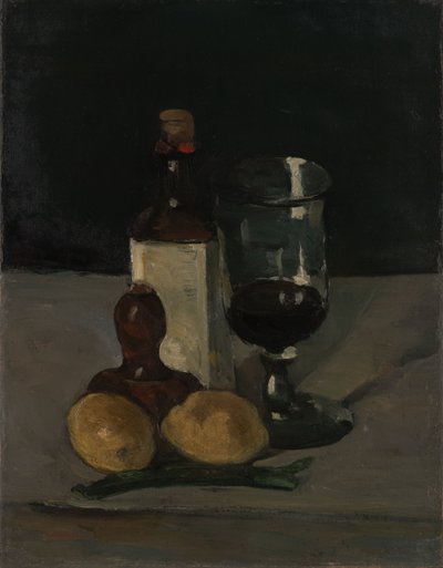 Asetelma, jossa on pullo, lasi ja sitruunoita tekijältä Paul Cézanne