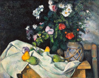 Asetelma, jossa on kukkia ja hedelmiä tekijältä Paul Cézanne