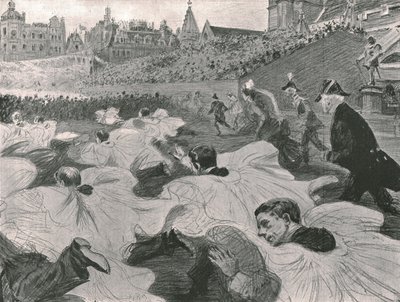 "Kiireässä nähdä kuninkaan ja kuningattaren lähtevän luostarista", 1902. tekijältä Paul Charles Renouard