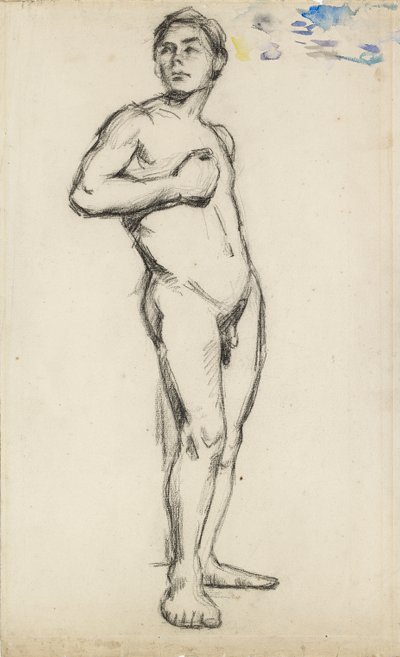 Akateeminen tutkimus miesalastomasta, jonka oikea käsi on puristettuna rinnalleen, 1865 tekijältä Paul Cézanne