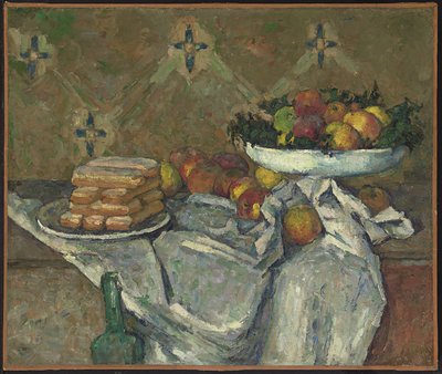 Hedelmäkulho ja keksilautanen, n. 1877 (öljy kankaalle) tekijältä Paul Cézanne