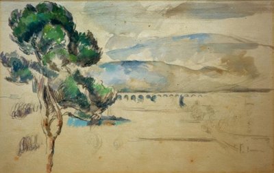 Kaaren laakso, jossa on viadukti ja mäntypuu tekijältä Paul Cézanne
