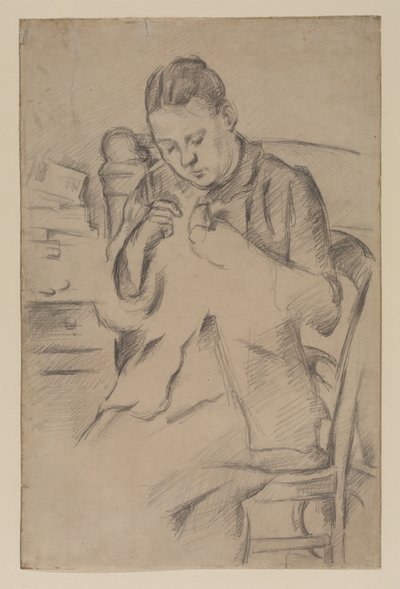 Hortense Fiquet, Madame Cezanne, ompelu, n. 1880 (kynä paperille) tekijältä Paul Cézanne