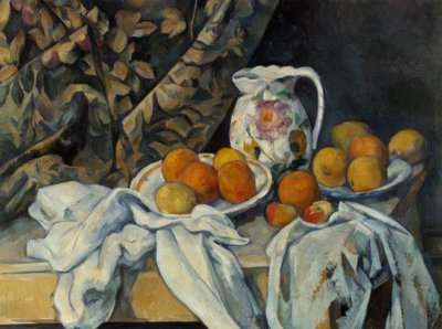 Asetelma verhoilla ja kukkaistulla tekijältä Paul Cézanne