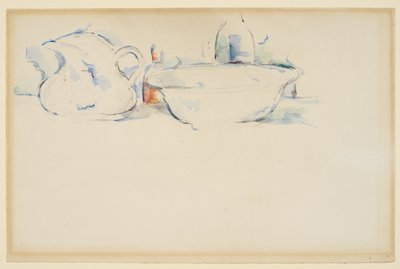 Asetelma, hygieniatuotteet, n. 1885-1890 (grafiitti ja akvarelli paperille) tekijältä Paul Cézanne