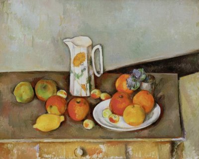 Asetelma: maitokannu ja hedelmiä pöydällä tekijältä Paul Cézanne