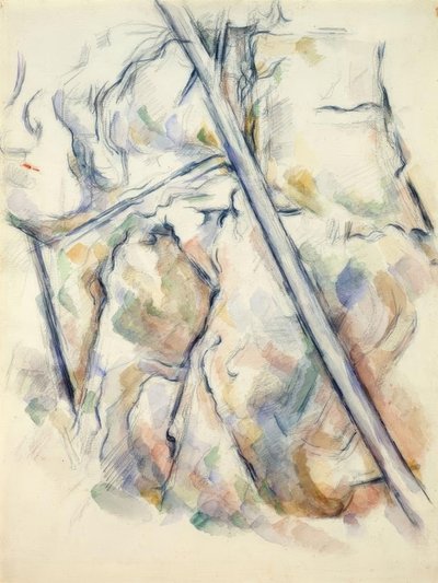 Mänty ja kivet lähellä Château-Noirin yläpuolella olevia luolia tekijältä Paul Cézanne