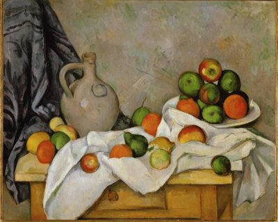 Verho, kannu ja hedelmäkulho tekijältä Paul Cézanne