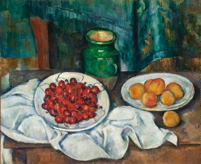 Asetelma kirsikoita ja persikoita, 1885-7 tekijältä Paul Cézanne