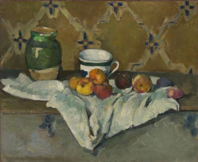 Asetelma, jossa on purkki, kuppi ja omenoita, noin 1877. tekijältä Paul Cézanne