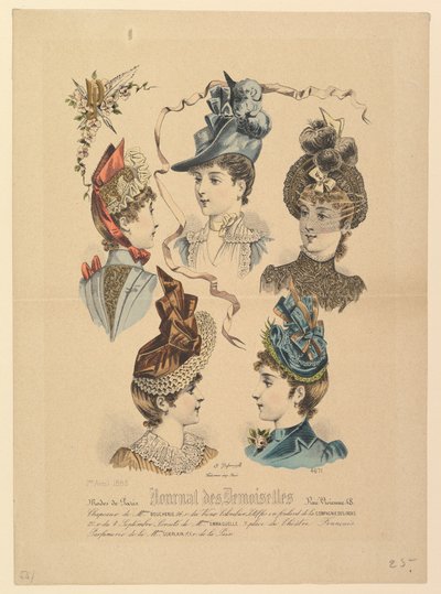 Naisten hatut, nro 4671, Journal des Demoiselles, 1. huhtikuuta 1888. tekijältä Paul Deferneville