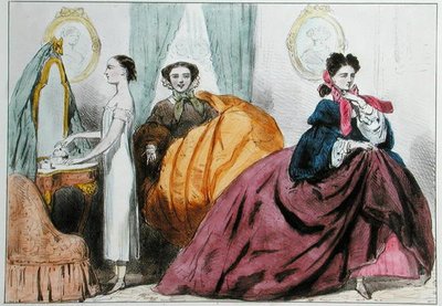 Sarjakuva, joka satiirisoi krinoliinin muotia, n. 1860 (värilitho) tekijältä Paul Emile Detouche