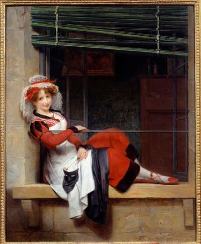 Odottavat tanssiaiset naamiot Nuori nainen istuu ikkunan reunalla. Paul Emile Destouchesin (1794-1874) maalaus 1800-luvulta Nantesin museo des Beaux Arts tekijältä Paul Emile Detouche