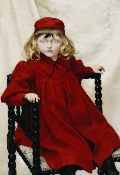 Harriet Fischerin muotokuva, pieni kolme neljäsosaa, yllään punainen mekko, 1896 tekijältä Paul Fischer