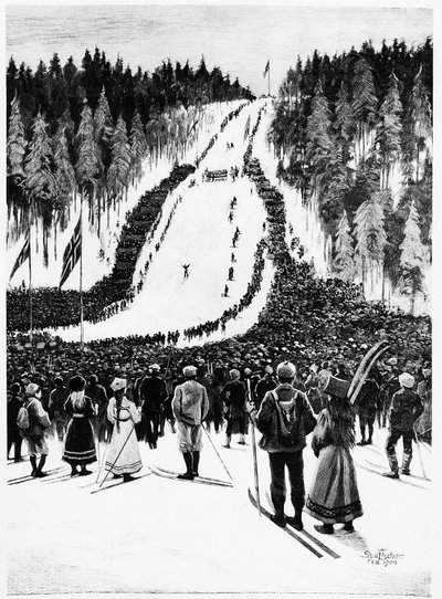 Ski: Norjan derby, hiihtokilpailu - piirustus Paul fisher, helmikuu 1900, Bibl. des Arts Deco. tekijältä Paul Fischer