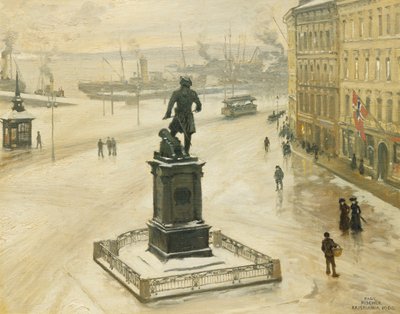 Tordenskioldin patsas Pipervikeniin päin, Oslon satama, 1906 tekijältä Paul Fischer