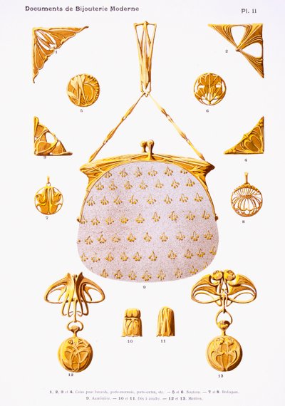 Korumalleja, levy 11 asiakirjasta "Documents de Bijouterie et Orfeverie modernes", jonka on julkaissut Henri Laurens, Pariisi, noin 1900 (sävytetty kromoliitti). tekijältä Paul Follet