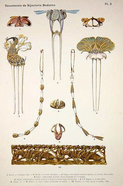 Korukuviot, levy 3 julkaisusta "Documents de Bijouterie et Orfeverie modernes", julkaisija Henri Laurens, Pariisi, n. 1900 (sävytetty kromolito) tekijältä Paul Follet