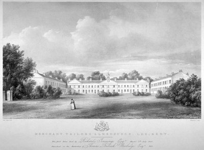 Näkymä Merchant Taylorsin almutaloista Lee High Roadilla, Lewisham, Lontoo, 1826. tekijältä Paul Gauci