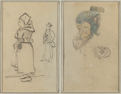 Breton nainen ja seisova mies; Apinan pää ja käsi [recto] tekijältä Paul Gauguin