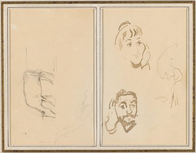 laiduntava lehmä; Naisen pää, jolla on käsi poskellaan, ja miehen pää, jolla on käsi korvallaan [verso] tekijältä Paul Gauguin