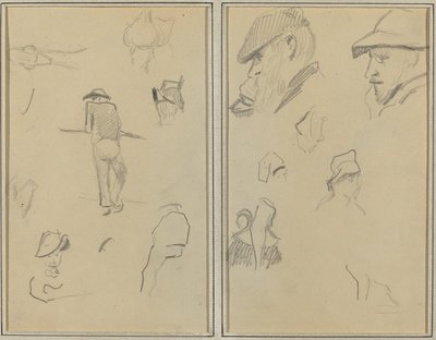 Mies nojaa seinään viiden muun tutkimuksen kanssa; Kaksi parrakasta miestä hatuissa ja viisi muuta tutkimusta [recto] tekijältä Paul Gauguin