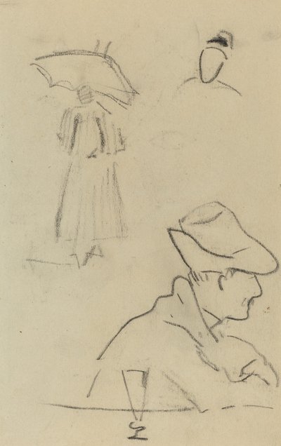 Sateenvarjoa pitelevä henkilö ja istuva mies, jolla on hattu ja lasi [käänteinen] tekijältä Paul Gauguin