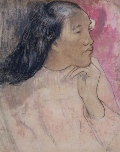 Tahitilaisnainen, jolla on kukka hiuksissaan, 1891-92 (hiili, pastelli ja pesu). tekijältä Paul Gauguin