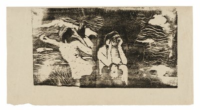 Mustilla kallioilla, myöhäisten puupiirrosten sarjasta tekijältä Paul Gauguin