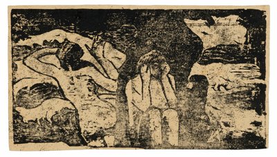Mustilla kallioilla, myöhäisten puupiirrosten sarjasta tekijältä Paul Gauguin