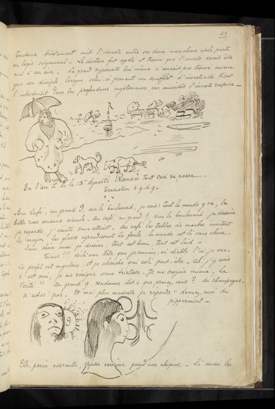 Avant et après - tekstiä ja piirroksia "le petit mignonista" ja hänen koiristaan Cytherassa ja kahdesta päästä (omakuva?) kahvilassa tekijältä Paul Gauguin