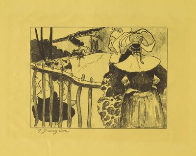 Bretonische Frauen an einem Zaun stehend tekijältä Paul Gauguin