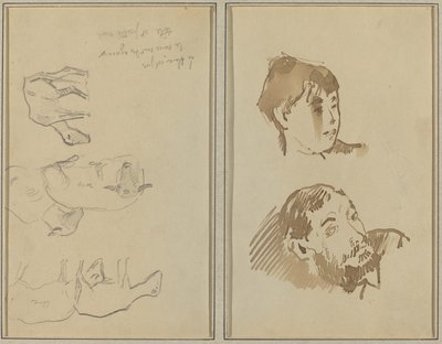 Viisi lammasta; Naisen pää ja parrakkaan miehen pää [recto] tekijältä Paul Gauguin