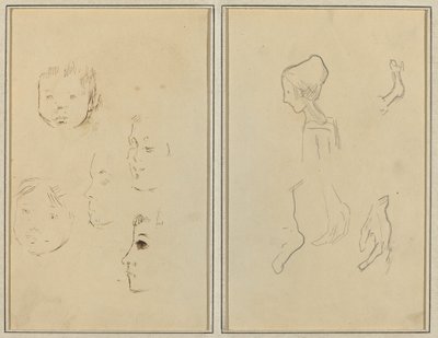 Viisi tutkimusta päistä; Poika profiilissa, joka tutkii käsiä ja jalkoja [verso] tekijältä Paul Gauguin