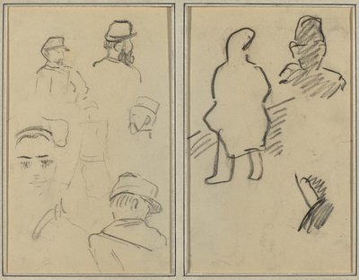 Viisi tutkimusta sotilaista ja naisen kasvoista; Kaksi hahmoa [recto] tekijältä Paul Gauguin