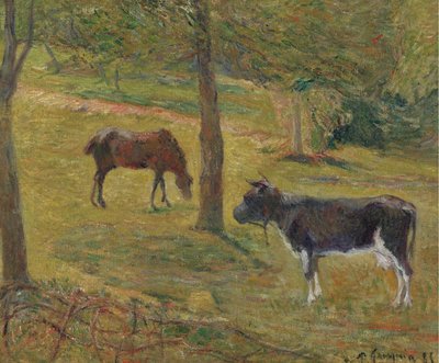 ranska: Vache et cheval dans un pré Lehmä ja hevonen niityllä tekijältä Paul Gauguin