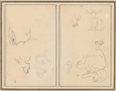 Selkänsä tutkivan miehen pää; Erilaisia luonnoksia talonpojan ja hanhen kanssa [recto] tekijältä Paul Gauguin