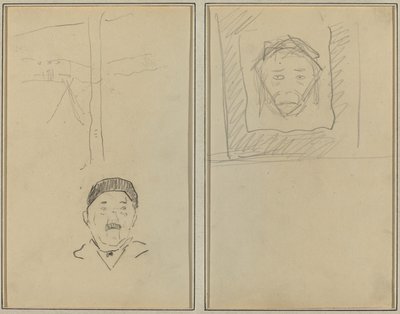 Maisema ja ihmisen pää; Apina neliön sisällä [recto] tekijältä Paul Gauguin