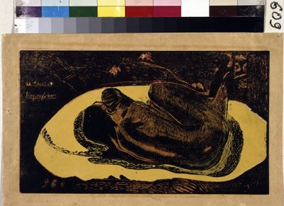Manao Tupapau (Kuolleiden henki valvoo). Kaiverrus Paul Gauguin (1848-1903) tekijältä Paul Gauguin