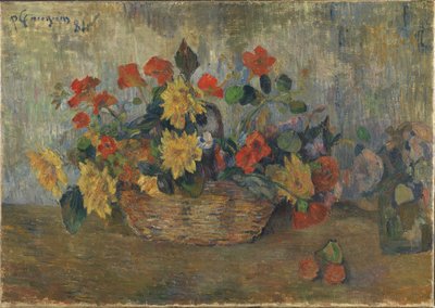 Nasturtiumit ja daaliat korissa tekijältä Paul Gauguin