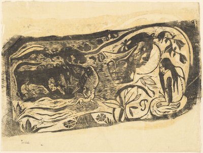 Lautas, jossa on sarvipaholaisen pää Planche au diable cornu, vuonna 1895 tai sen jälkeen. tekijältä Paul Gauguin