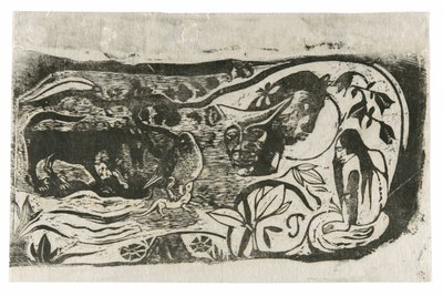 Lautanen, jossa on sarvipäinen paholaisen pää, sarjasta Late Wood-Block Prints tekijältä Paul Gauguin