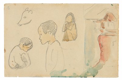 Luonnoksia kyyristyneistä ja seisovista hahmoista, sikasta ja kotasta veden äärellä tekijältä Paul Gauguin