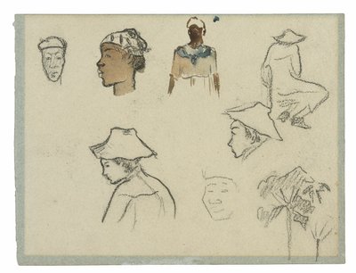 Figuurien ja lehtien luonnokset (recto); Charles Lavalin profiili palmuilla ja muilla luonnoksilla (käänteinen) tekijältä Paul Gauguin