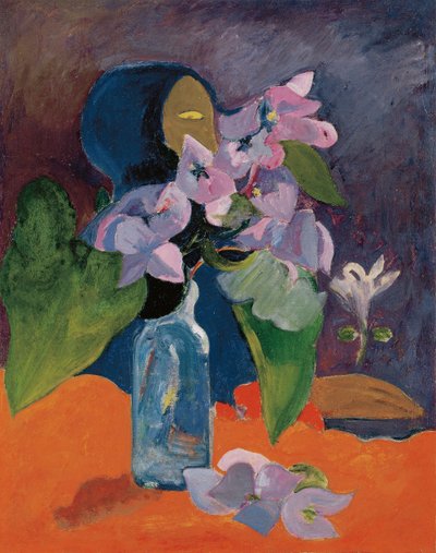 Gauguin, Paul Eugene Henri (1848-1903) asetelma kukkien ja idolin kanssa. Öljy kankaalle, n. 1892, Mitat: 40,3x32. Kunsthaus Züerich tekijältä Paul Gauguin