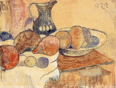 Asetelma kannun ja hedelmien kanssa; Asetelma kannun ja hedelmien kanssa, n. 1899 tekijältä Paul Gauguin